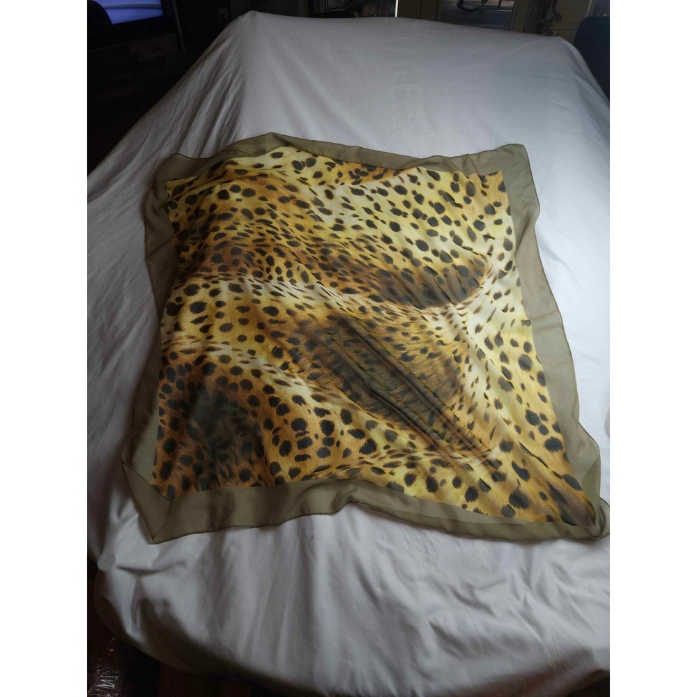 Leopard Print Square Scarf Olive Green Border Animal Print Lightweight Wrap